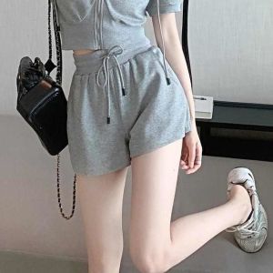 Summer 2025 Womens Casual Sportswear Set Loose Fashion Short Coat Student Short Sleeve Shorts Two-Piece Set Polyester Fiber