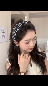 Bando Kain Korea 5.5cm Lebar Luxury Classic Black & White Tweed Knotted Headband BKLJ001