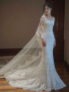 ชุดแต่งงานคอตั้งแขนยาวสไตล์ฝรั่งเศส ชุดแต่งงานทรงเอเอวกลางปานกลาง ชุดราตรีหรูหรา ชุดเจ้าสาว