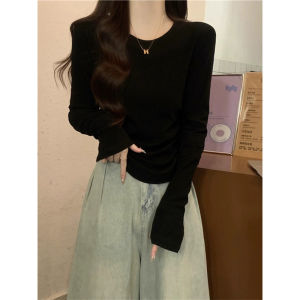 Shoulder Long Sleeves T-Shirt Womens Spring and Autumn Slim Fit Pure Desire Style Fitted Waist Pleated Stylish Niche Style Bottoming Shirt Inner Wear Blouse
