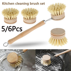 Kitchen Dish Brush Set Wooden Long Handle Pan Brush with 4 Replacement Brush Head kitchen scrubbing brush Pans Pot Brushing Tool