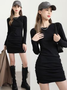 Black Pure Cotton Long Sleeve Bodycon Short Dress Womens High Waist A-Line Skirt Style Commute Korean Version Pleated Dress