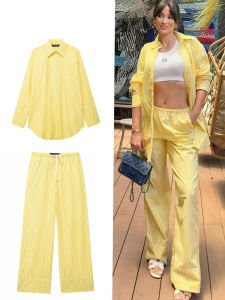 HH Women Yellow Striped Blouse Pant Sets Casual Button Long Sleeve Shirt Loose Drawstring Straight Trousers Streetwear Suit