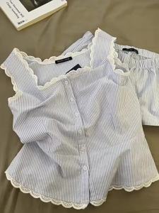 Cloud Cotton Gauze Camisole Vest Sleepwear Womens Girls Summer Lace Pyjamas Set Ins Hot Sweet Home Clothes High-end Feeling Blue Striped Pajamas