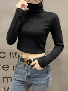 High Neck Base Shirt Womens Inner Wear High Waist Belly Baring Long Sleeve T-Shirt Slim Fashionable Black Top for Autumn