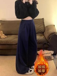 กางเกงขายาวทรงหลวมเอวสูงผ้าขนแกะหนาสีน้ำเงินเข้มสำหรับผู้หญิง กางเกงขายาวทรงหลวมสไตล์เกาหลี ทรงหลวม ทรงหลวม ทรงหลวม