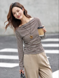 Vimly | Vintage French Style Striped Off-shoulder T-Shirt Long Sleeve