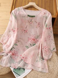 เสื้อเชิ้ตผู้หญิงแขนยาวปานกลางผ้าลินินลายดอกไม้สไตล์ใหม่สำหรับฤดูร้อน เสื้อเชิ้ตคอโปโลทรงหลวมๆ สไตล์จีนย้อนยุค