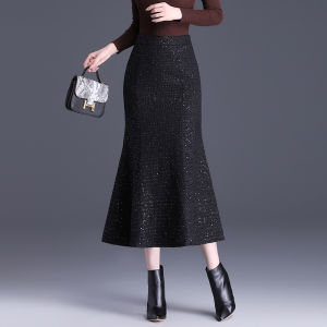 Elegant Long Tail Fish Skirt Sequin Half-length Skirt French Style Commute High Waist Polyester Fiber Zipper Closure Womens Skirt