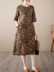 NUANKONG | New Spring Summer Style Ethnic Print Dress for Big Sizes