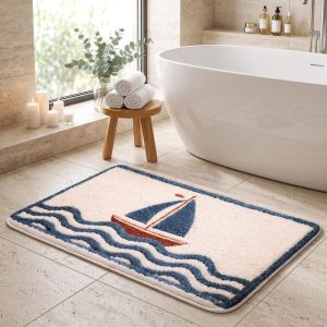VIKAMA Sailboat Wave Pattern Bath Rug Soft Plush Non‑slip Absorbent Floor Mat For Bathroom Shower Room Home Decor
