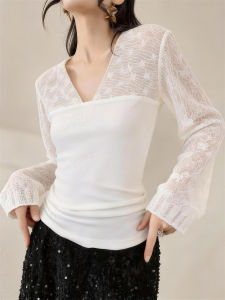 QINGNAER | Lace Insert V-neck Long Sleeve Knitted Blouse Slim Fit White Plus Size