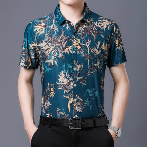 Single Breasted Lapel Short Sleeved Shirt Mens Slim Fit Printed Polyester Fiber Summer Thin Style European Flavor No Pocket