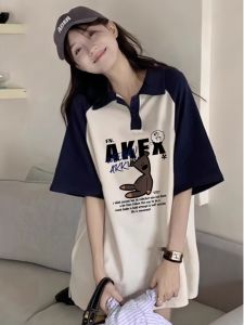 Color Block Polo Shirt Short Sleeve Loose Fit Summer T-Shirt for Teenage Girls Korean Style Cotton Casual Print Top