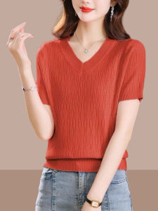 Quality Ice Silk Short Sleeve T-shirt Womens Summer Thin Knitted Shirt Loose V Neck Bottoming Shirt Elegant Design Blouse