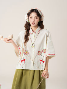 SHANGWEILUO | Flower Embroidered Short Sleeve Shirt for Women in Retro and Laid-back Style