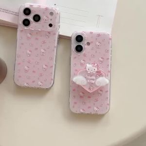Sanrio | Pink KT Cat Wings With Bracket Phone Case for iPhone 17 Pro Max 16 Pro 15 Pro 14 Pro Max Luxury High-end Protective Back Cover