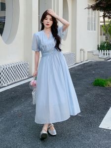 La Chapelle French Style Blue V-Neck Waist-Cinching Summer Dress Elegant Casual Womens Fashion High Waist A-Line Dress