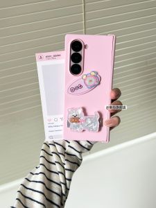 Pink Foldable Screen Phone Case Protective Hard Shell for ZFold7 ZFold6 ZFold5 ZFold4 with Cute Stand Central Axis Protection