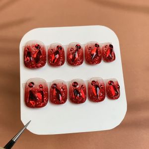 Red Full Diamond Handmade Short Nail Tips Wearable False Nails Detachable Luxury Sensation False Nails for Ladies