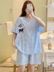 Large Size Womens Pyjamas 200lbs Pure Cotton Thin Summer Crewneck Short Sleeve Cartoon Printed Loose Fit Homewear Set for Plus Size Girls