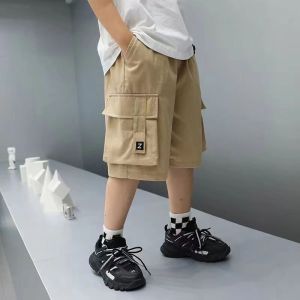 Boys Summer Workwear Shorts Casual Loose Fit Five-Quarter Length High Waist Cotton Blend Elastic Waistband Versatile Mid-Thigh Pants