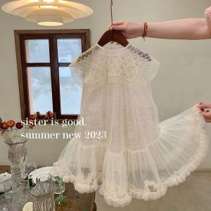 Princess Style Girls Dress Summer New Arrival Fairy Tale Elegant Tulle Sequin Short Sleeve Cotton Blend Childrens Clothing