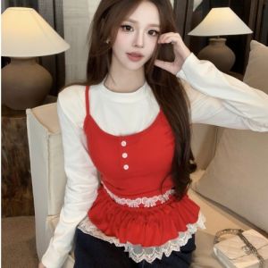 GUZILIAN | Fashionable Layered Long Sleeve Pure Color Top And Tank Vest Set Womens Sweet Spicy Style Commute Korean Version Slimming Ensemble