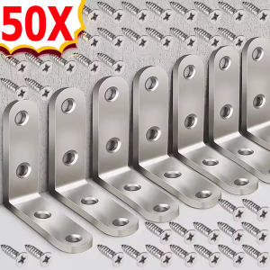 50pcs Stainless Steel Furniture Right Angle Fixator / L-shaped Shelves Partition Bracket with Screws / Right Angle Bracket for Wood Furniture Chair Drawer Cabinet with Screws