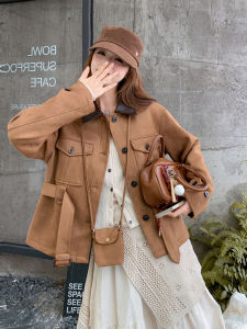 Brown Suede Jacket Womens Vintage Style Workwear Coat Short Outerwear Slimming Small Stature Friendly Autumn New Arrival