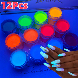 12Jars/set Luminous Acrylic Nail Powder 3IN1 Glow in the Dark Polymer Pigment Dust for Nail Art Extension/Carving/Dipping Powder
