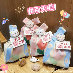 Floral Knitted Handbag Birthday Gift Bag Panda Themed Baby One Year Anniversary Party Handheld Bag Soft Polyester Material