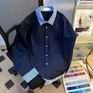 เสื้อเชิ้ตแขนยาวลายทางย้อนยุคสไตล์อเมริกันสำหรับผู้ชาย ฤดูใบไม้ผลิและฤดูใบไม้ร่วง เสื้อเชิ้ตหลวมๆ สบายๆ สองชิ้นปลอม