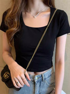 Black Short Sleeve T-Shirt Womens Summer Square Collar Slim Fit Short High Waist Design Sense Belly Show Small Size Top