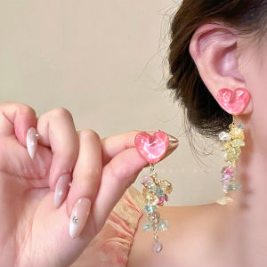 Colorful Heart Crystal Tassel Long Earrings Womens Style 2025 New Dopaamine Studs Unique Design Sensation Ear Jewelry