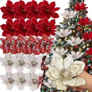 ดอกไม้คริสต์มาสเทียม10ชิ้นสำหรับประดับต้นคริสต์มาสประดับพวงดอกไม้ปาร์ตี้จี้ดอกไม้คริสต์มาสประดิษฐ์งานแต่งงานงานปาร์ตี้