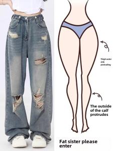 High Waist Straight Leg Denim Jeans for Women Autumn New plus Size Pear Shape Body Break Hole Wide Leg Floor Length Pants