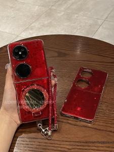 Ultra-Thin Full-Coverage Folding Screen Phone Case for Huawei Pocket2 New Years Wine Red Hundred Blessings P50 Mirror Stand Red Diamond Chain Protective Cover