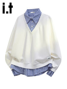 izzue | American Preppy Style Faux Two-piece Leisure Hoodie Male Loose Autumn