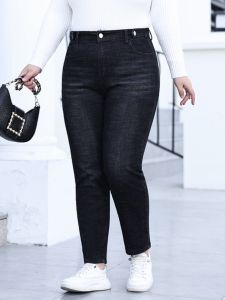 plus Size Womens Elastic Denim Jeans High Waist Loose Slimming Black Spring Fashion for Heavy Girls Harlan Pants Casual Wear