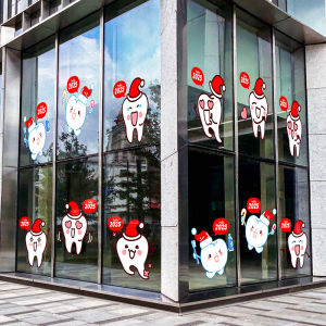 Christmas New Year Decorative Static Cling Glass Stickers Dental Hospital Dual Holiday Cartoon Expressions Modern Simplistic PVC Wall Decals