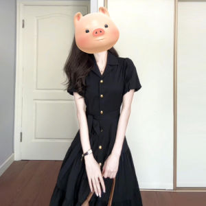 Homecore | Elegant Black Slimming French Hepburn Style Womens Dress Adjustable Waist A-Line Summer High-End Long Dress Homecore Brand