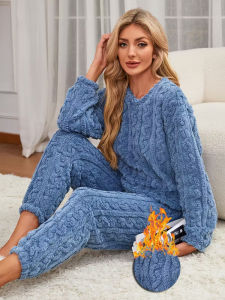FINETOO | Winter Women Thicken Coral Fleece Pajamas Set Solid Color Soft Warm Long Sleeve Homewear Sleepwear Female Comfortable Sleepwear