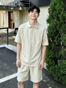OUMULONG | Linen Retro Breathable Set Shorts Sleeve Polo Shirt & Shorts
