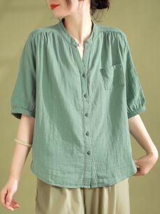 Double-Layer Cotton Yarn Baby Cotton Short-Sleeved Shirt Female Loose Slim Looking Artsy Basic Style Pure Color Cotton Stand Collar Tops