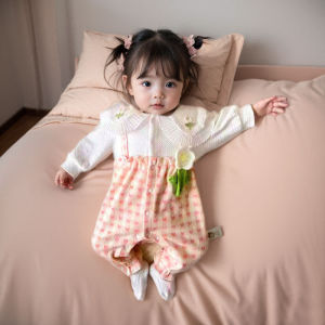 ชุดจั๊มสูทเด็กสไตล์เจ้าหญิงสําหรับเด็กผู้หญิงฤดูใบไม้ร่วงฤดูใบไม้ผลิผ้าฝ้ายผสมเสื้อผ้าแขนยาวและการออกแบบกระดุมแถวเดียว