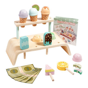เคาน์เตอร์ไอศกรีมไม้เพลย์เซ็ตสำหรับของเล่นเด็กวัยหัดเดินมอนเตสซอรี่แกล้งเล่นอาหารของเล่นอุปกรณ์ครัว