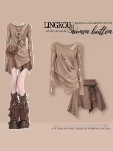 NUMEN BUTTON | Oversized Wasteland Style Set Summer Fashionable Small Crowd Design Hollow Out Knit Top High Waist Western Cowgirl Short Skirt