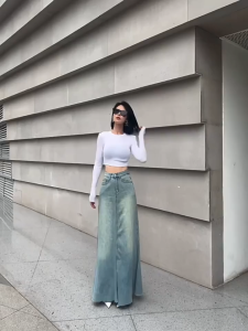 Plus Size S-6XL Womens Korean Retro Fishtail Skirts High Waist Slimming A-Line Long Denim Skirt
