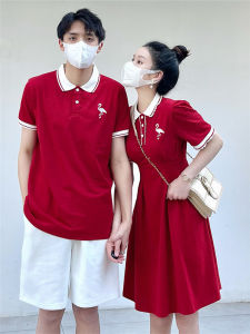 Summer Wedding Couple Matching Outfit Red Short Sleeve Polo Dress Womens Festive Skirt And Shirt Set for Spring Festival